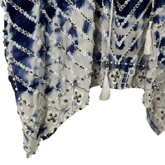 Taj by Sabrina Crippa Blue and White Beaded Kaftan Silk Blouse Size S Cover Up - Picture 9 of 16